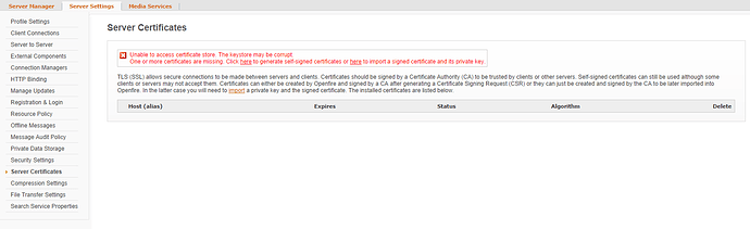 Openfire Admin Console  Server Certificates Error.png